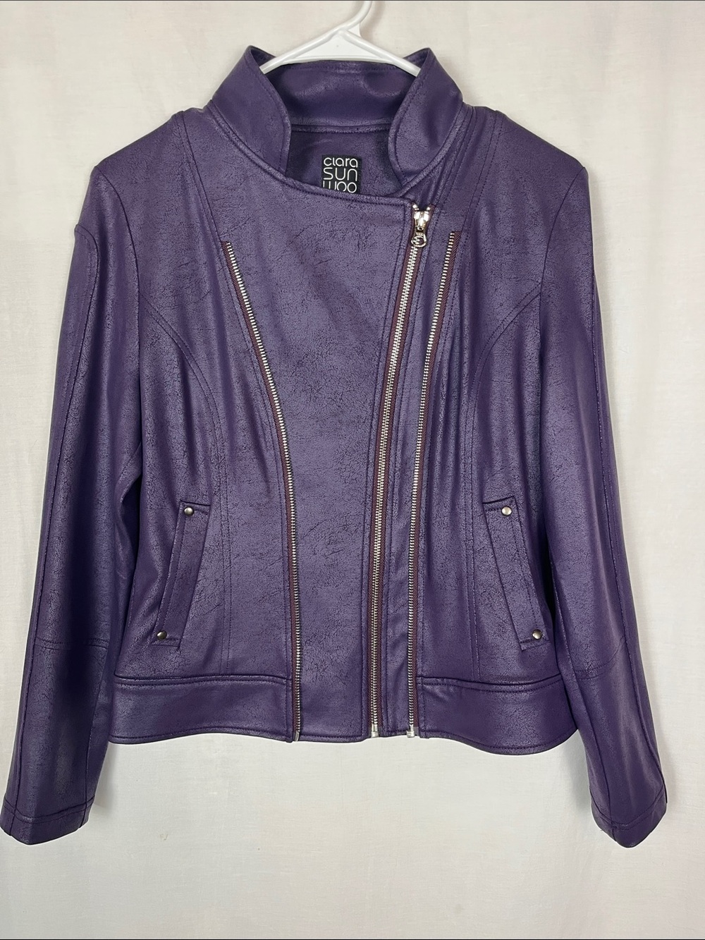 Clara Sun Woo Purple LIquid Faux Leather Zip Up Moto Jacket
